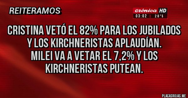 Placas Rojas - Cristina vetó el 82% para los jubilados y los kirchneristas aplaudían.
Milei va a vetar el 7,2% y los kirchneristas putean. Placas Rojas - Cristina vetó el 82% para los jubilados y los kirchneristas aplaudían.
Milei va a vetar el 7,2% y los kirchneristas putean.