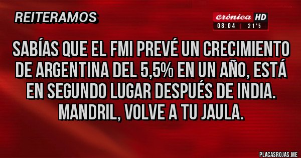 Placas Rojas - Sabías que el FMI prevé un crecimiento de Argentina del 5,5% en un año, está en segundo lugar después de india. Mandril, volve a tu jaula.