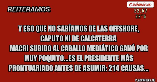 Placas Rojas - y eso que no sabíamos de las Offshore, Caputo ni de calcaterra
macri subido al caballo mediático ganó por muy poquito...Es el Presidente más prontuariado antes de asumir: 214 causas... Placas Rojas - y eso que no sabíamos de las Offshore, Caputo ni de calcaterra
macri subido al caballo mediático ganó por muy poquito...Es el Presidente más prontuariado antes de asumir: 214 causas...