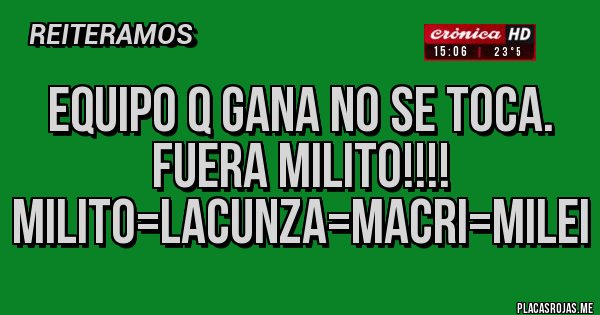 Placas Rojas - Equipo q gana no se toca.
Fuera Milito!!!!
milito=lacunza=macri=milei