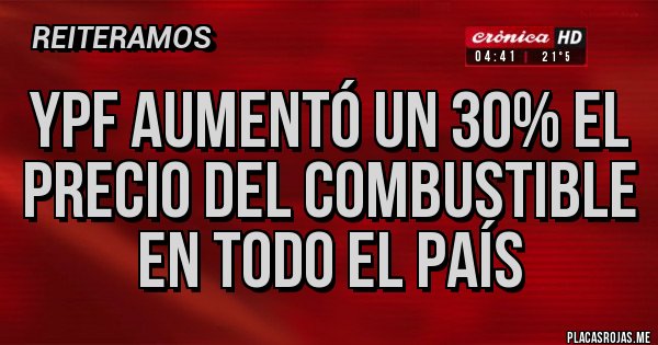 Placas Rojas - YPF aumentó un 30% el precio del combustible en todo el país