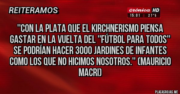 Placas Rojas - ''CON LA PLATA QUE EL KIRCHNERISMO PIENSA GASTAR EN LA VUELTA DEL ''FÚTBOL PARA TODOS'' SE PODRÍAN HACER 3000 JARDINES DE INFANTES COMO LOS QUE NO HICIMOS NOSOTROS.'' (MAURICIO MACRI)