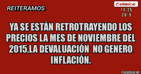 Placas Rojas - YA SE ESTÁN RETROTRAYENDO LOS PRECIOS LA MES DE NOVIEMBRE DEL 2015,LA DEVALUACIÓN  NO GENERO INFLACIÓN.