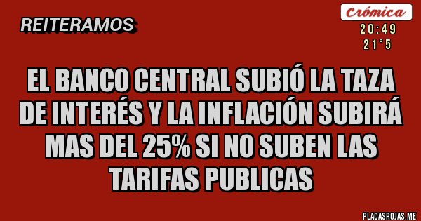 Placas Rojas - El banco central subió la taza de interés y la inflación subirá mas del 25% si no suben las tarifas publicas