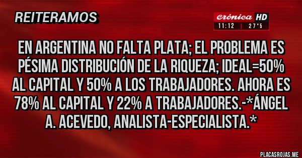 Placas Rojas - EN ARGENTINA NO FALTA PLATA; EL PROBLEMA ES PÉSIMA DISTRIBUCIÓN DE LA RIQUEZA; IDEAL=50% AL CAPITAL Y 50% A LOS TRABAJADORES. AHORA ES 78% AL CAPITAL Y 22% A TRABAJADORES.-*Ángel A. Acevedo, Analista-Especialista.*