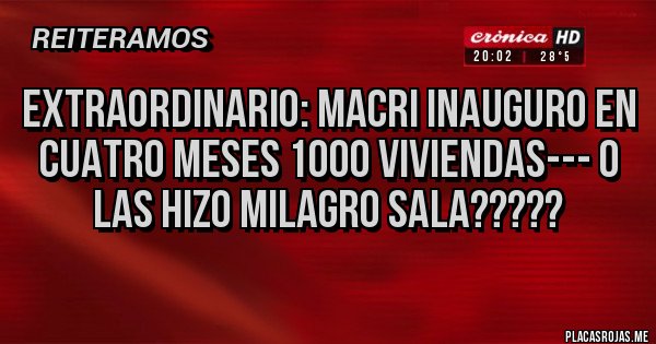 Placas Rojas - EXTRAORDINARIO: MACRI INAUGURO EN CUATRO MESES 1000 VIVIENDAS--- O  LAS HIZO MILAGRO SALA?????