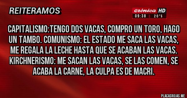 Placas Rojas - Capitalismo:tengo dos vacas, compro un toro, hago un tambo. Comunismo: el estado me saca las vacas, me regala la leche hasta que se acaban las vacas. KIRCHNERISMO: me sacan las vacas, se las comen, se acaba la carne, la culpa es de MACRI.