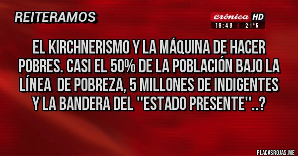 Placas Rojas - El Kirchnerismo y la máquina de hacer pobres. Casi el 50% de la población bajo la  línea  de pobreza, 5 millones de indigentes y la bandera del ''Estado presente''..?