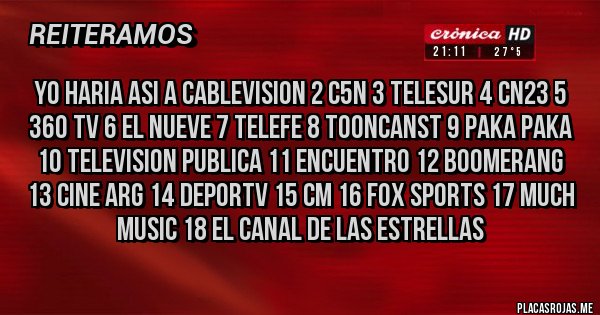 Placas Rojas - yo haria asi a cablevision 2 c5n 3 telesur 4 cn23 5 360 tv 6 el nueve 7 telefe 8 tooncanst 9 paka paka 10 television publica 11 encuentro 12 boomerang 13 cine arg 14 deportv 15 cm 16 fox sports 17 much music 18 el canal de las estrellas