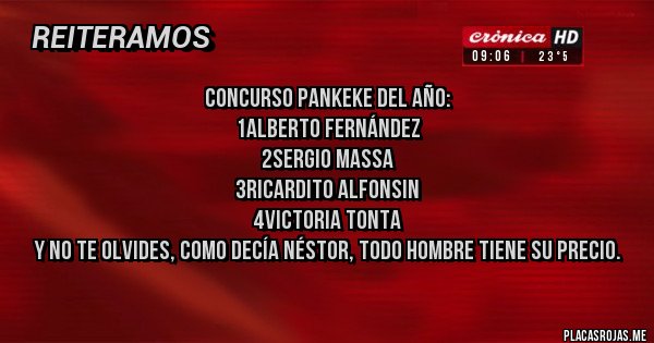 Placas Rojas - CONCURSO PANKEKE DEL AÑO:
1ALBERTO FERNÁNDEZ
2SERGIO MASSA
3RICARDITO ALFONSIN
4VICTORIA TONTA
Y NO TE OLVIDES, COMO DECÍA NÉSTOR, TODO HOMBRE TIENE SU PRECIO.