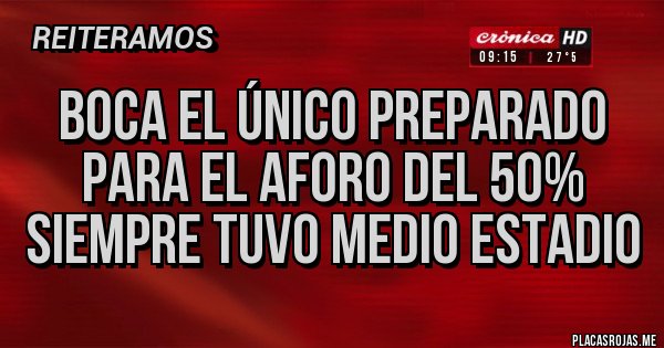 Placas Rojas - Boca el único preparado para el aforo del 50%
Siempre tuvo medio Estadio