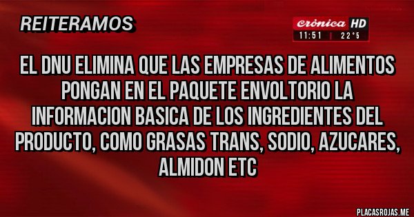 Placas Rojas - EL DNU ELIMINA QUE LAS EMPRESAS DE ALIMENTOS PONGAN EN EL PAQUETE ENVOLTORIO LA INFORMACION BASICA DE LOS INGREDIENTES DEL PRODUCTO, COMO GRASAS TRANS, SODIO, AZUCARES, ALMIDON ETC
