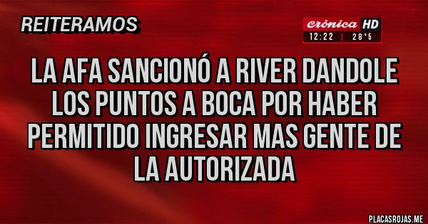Placas Rojas - LA AFA SANCIONÓ A RIVER DANDOLE LOS PUNTOS A BOCA POR HABER PERMITIDO INGRESAR MAS GENTE DE LA AUTORIZADA