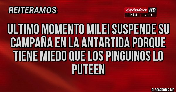 Placas Rojas - ultimo momento Milei suspende su campaña en la Antartida porque tiene miedo que los pinguinos lo puteen