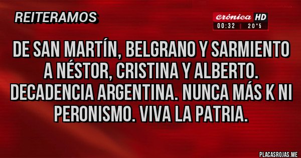 Placas Rojas - De san Martín, Belgrano y Sarmiento a Néstor, Cristina y Alberto. Decadencia argentina. Nunca más k ni peronismo. Viva la patria.
