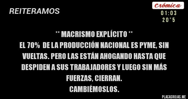 Placas Rojas - ** MACRISMO EXPLÍCITO **
EL 70%  DE LA PRODUCCIÓN NACIONAL ES PYME, SIN VUELTAS. PERO LAS ESTÁN AHOGANDO HASTA QUE DESPIDEN A SUS TRABAJADORES Y LUEGO SIN MÁS FUERZAS, CIERRAN.
CAMBIÉMOSLOS. 
