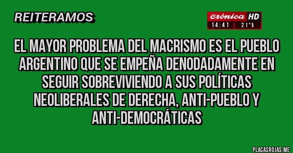 Placas Rojas - El mayor problema del macrismo es el pueblo argentino que se empeña denodadamente en seguir sobreviviendo a sus políticas neoliberales de derecha, anti-PUEBLO y anti-democráticas