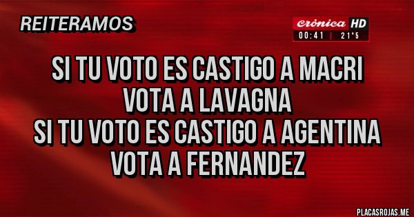 Placas Rojas - Si tu voto es castigo a Macri
vota a Lavagna
Si tu voto es castigo a Agentina
Vota a Fernandez