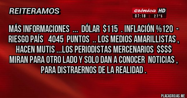 Placas Rojas - MÁS INFORMACIONES  ...  DÓLAR  $115  . INFLACIÓN %120  - RIESGO PAÍS   4045  PUNTOS  .. LOS MEDIOS AMARILLISTAS , HACEN MUTIS ...LOS PERIODISTAS MERCENARIOS  $$$$ MIRAN PARA OTRO LADO Y SOLO DAN A CONOCER  NOTICIAS , PARA DISTRAERNOS DE LA REALIDAD .