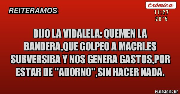 Placas Rojas - DIJO LA VIDALELA: QUEMEN LA BANDERA,QUE GOLPEO A MACRI.ES SUBVERSIBA Y NOS GENERA GASTOS,POR ESTAR DE ''ADORNO'',SIN HACER NADA.