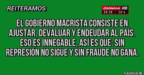 Placas Rojas - El gobierno macrista consiste en ajustar, devaluar y ENDEUDAR al país. Eso es innegable, así es que: sin represión no sigue y sin fraude no gana.