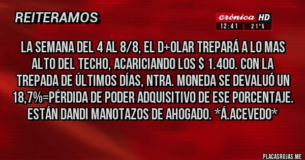 Placas Rojas - LA SEMANA DEL 4 AL 8/8, EL D+OLAR TREPARÁ A LO MAS ALTO DEL TECHO, ACARICIANDO LOS $ 1.400. CON LA TREPADA DE ÚLTIMOS DÍAS, NTRA. MONEDA SE DEVALUÓ UN 18,7%=PÉRDIDA DE PODER ADQUISITIVO DE ESE PORCENTAJE. ESTÁN DANDI MANOTAZOS DE AHOGADO. *Á.Acevedo*