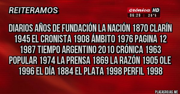 Placas Rojas - diarios años de fundación la nación 1870 clarín 1945 el cronista 1908 ámbito 1976 pagina 12 1987 tiempo argentino 2010 crónica 1963 popular 1974 la prensa 1869 la razón 1905 ole 1996 el día 1884 el plata 1998 perfil 1998