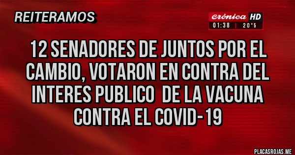 Placas Rojas - 12 SENADORES DE JUNTOS POR EL CAMBIO, VOTARON EN CONTRA DEL INTERES PUBLICO  DE LA VACUNA CONTRA EL COVID-19