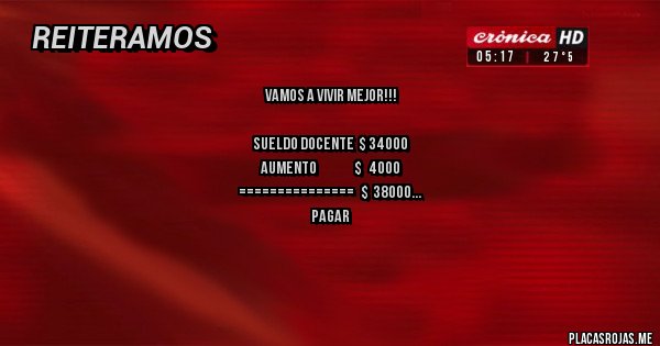 Placas Rojas - VAMOS A VIVIR MEJOR!!!

SUELDO DOCENTE  $ 34000
AUMENTO                 $   4000
===============   $  38000
PAGAR
ALQUILER                  $  15000
CANASTA BASICA    $ 55000
=============         $ 70000
ME FALTA     $-32000  PARA PODER VIVIR MEJOR!