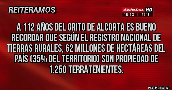 Placas Rojas - A 112 años del Grito de Alcorta es bueno recordar que según el Registro Nacional de Tierras Rurales, 62 millones de hectáreas del país (35% del territorio) son propiedad de 1.250 terratenientes. 