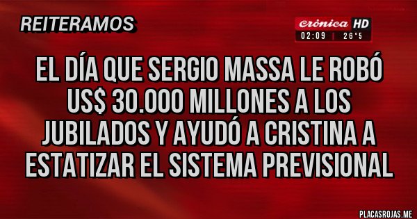 Placas Rojas - El día que Sergio Massa le robó US$ 30.000 millones a los jubilados y ayudó a Cristina a estatizar el sistema previsional