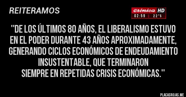 Placas Rojas - ''de los últimos 80 años, el liberalismo estuvo 
en el poder durante 43 años aproximadamente, generando ciclos económicos de endeudamiento insustentable, que terminaron 
siempre en repetidas crisis económicas.''