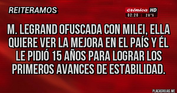 Placas Rojas - M. Legrand ofuscada con Milei, ella quiere ver la mejora en el país y él le pidió 15 años para lograr los primeros avances de estabilidad. 