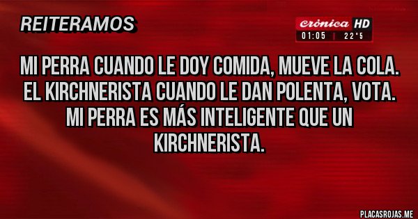 Placas Rojas - Mi perra cuando le doy comida, mueve la cola.
El kirchnerista cuando le dan polenta, vota.
Mi perra es más inteligente que un kirchnerista. Placas Rojas - Mi perra cuando le doy comida, mueve la cola.
El kirchnerista cuando le dan polenta, vota.
Mi perra es más inteligente que un kirchnerista.