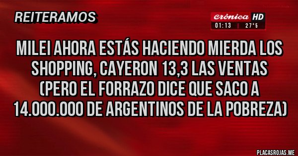 Placas Rojas - MILEI ahora estás haciendo mierda los shopping, cayeron 13,3 las ventas
(Pero el forrazo dice que saco a 14.000.000 de argentinos de la pobreza)