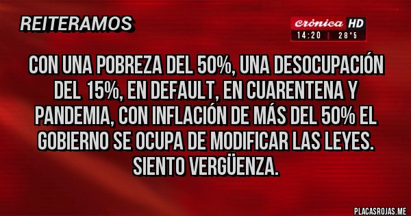 Placas Rojas - CON UNA POBREZA DEL 50%, UNA DESOCUPACIÓN DEL 15%, EN DEFAULT, EN CUARENTENA Y PANDEMIA, CON INFLACIÓN DE MÁS DEL 50% EL GOBIERNO SE OCUPA DE MODIFICAR LAS LEYES. SIENTO VERGÜENZA.