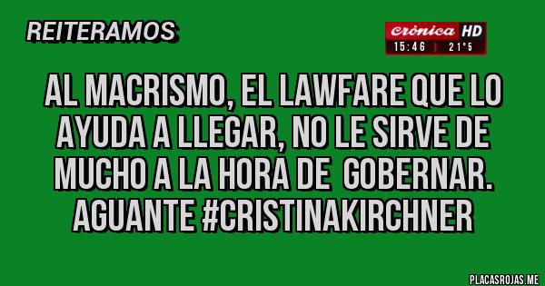 Placas Rojas - Al macrismo, el LAWFARE que lo ayuda a llegar, no le sirve de mucho a la hora de gobernar. AGUANTE #cristinakirchner Placas Rojas - Al macrismo, el LAWFARE que lo ayuda a llegar, no le sirve de mucho a la hora de gobernar. AGUANTE #cristinakirchner