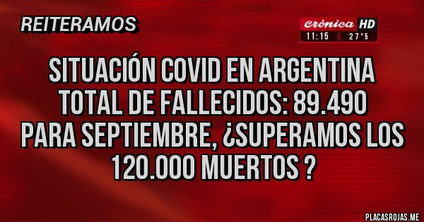 Placas Rojas - Situación Covid en Argentina
Total de Fallecidos: 89.490
Para Septiembre, ¿Superamos los 120.000 muertos ?