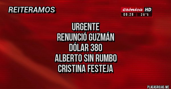 Placas Rojas - Urgente
Renunció Guzmán
Dólar 380
Alberto sin rumbo
Cristina festeja