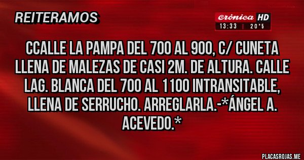 Placas Rojas - cCalle La Pampa del 700 al 900, c/ Cuneta llena de Malezas de casi 2m. de Altura. Calle Lag. Blanca del 700 al 1100 INTRANSITABLE, LLENA DE SERRUCHO. ARREGLARLA.-*Ángel A. Acevedo.*