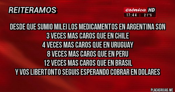 Placas Rojas - DESDE QUE SUMIO MILEI LOS MEDICAMENTOS EN ARGENTINA SON
3 VECES MAS CAROS QUE EN CHILE
4 VECES MAS CAROS QUE EN URUGUAY 
8 VECES MAS CAROS QUE EN PERU  
12 VECES MAS CAROS QUE EN BRASIL
Y VOS LIBERTONTO SEGUIS ESPERANDO COBRAR EN DOLARES
