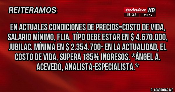 Placas Rojas - En Actuales condiciones de Precios=Costo de Vida, Salario Mínimo, Flia. Típo debe estar en $ 4.670.000, Jubilac. Mínima en $ 2.354.700- En la Actualidad, el COSTO DE VIDA, SUPERA 185% INGRESOS. *Ángel A. Acevedo, Analista-Especialista.*