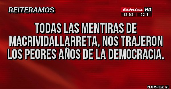 Placas Rojas - Todas las mentiras de MacriVidalLarreta, nos trajeron los peores años de la Democracia. Placas Rojas - Todas las mentiras de MacriVidalLarreta, nos trajeron los peores años de la Democracia.