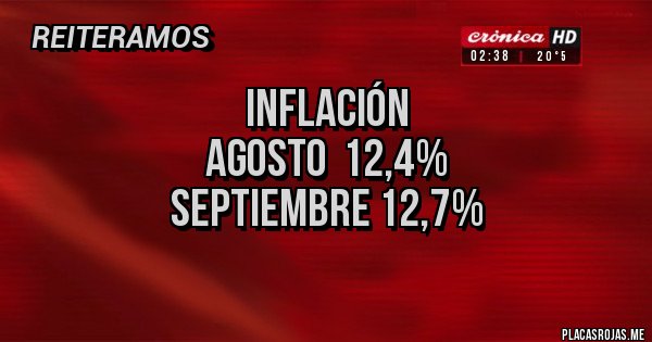 Placas Rojas - INFLACIÓN 
AGOSTO  12,4%
SEPTIEMBRE 12,7%
