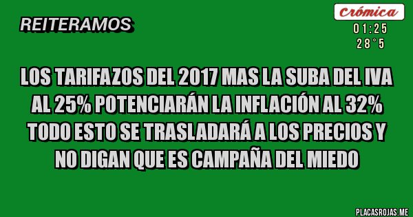 Placas Rojas - Los tarifazos del 2017 mas la suba del iva al 25% potenciarán la inflación al 32% TODO ESTO SE TRASLADARÁ A LOS PRECIOS Y NO DIGAN QUE ES CAMPAÑA DEL MIEDO 