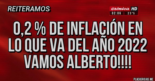 Placas Rojas - 0,2 % de inflación en lo que va del año 2022
Vamos Alberto!!!! Placas Rojas - 0,2 % de inflación en lo que va del año 2022
Vamos Alberto!!!!