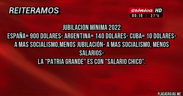 Placas Rojas - JUBILACIÓN MÍNIMA 2022
ESPAÑA= 900 DOLARES- ARGENTINA= 140 DOLARES- CUBA= 10 DOLARES- A MAS SOCIALISMO,MENOS JUBILACIÓN- A MAS SOCIALISMO, MENOS SALARIOS- 
LA ''PATRIA GRANDE'' ES CON ''SALARIO CHICO''. 

