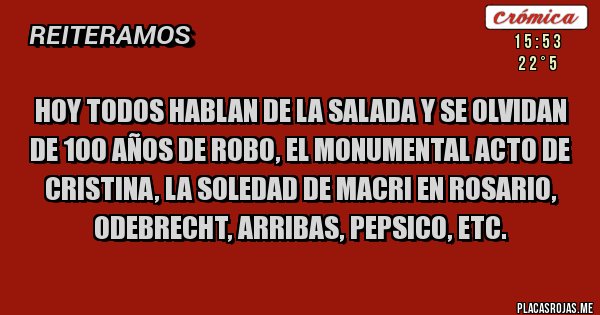 Placas Rojas - Hoy todos hablan de la salada y se olvidan de 100 años de robo, el monumental acto de Cristina, la soledad de Macri en Rosario, Odebrecht, Arribas, Pepsico, etc.