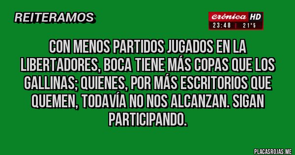 Placas Rojas - Con menos partidos jugados en la Libertadores, BOCA TIENE MÁS COPAS QUE LOS GALLINAS; quienes, por más ESCRITORIOS que quemen, todavía no nos alcanzan. Sigan participando.