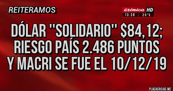 Placas Rojas - DÓLAR ''SOLIDARIO'' $84,12;
RIESGO PAÍS 2.486 PUNTOS
Y MACRI SE FUE EL 10/12/19